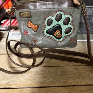 Chala Gray Crossbody Bag with Mint and Brown Paw Applique